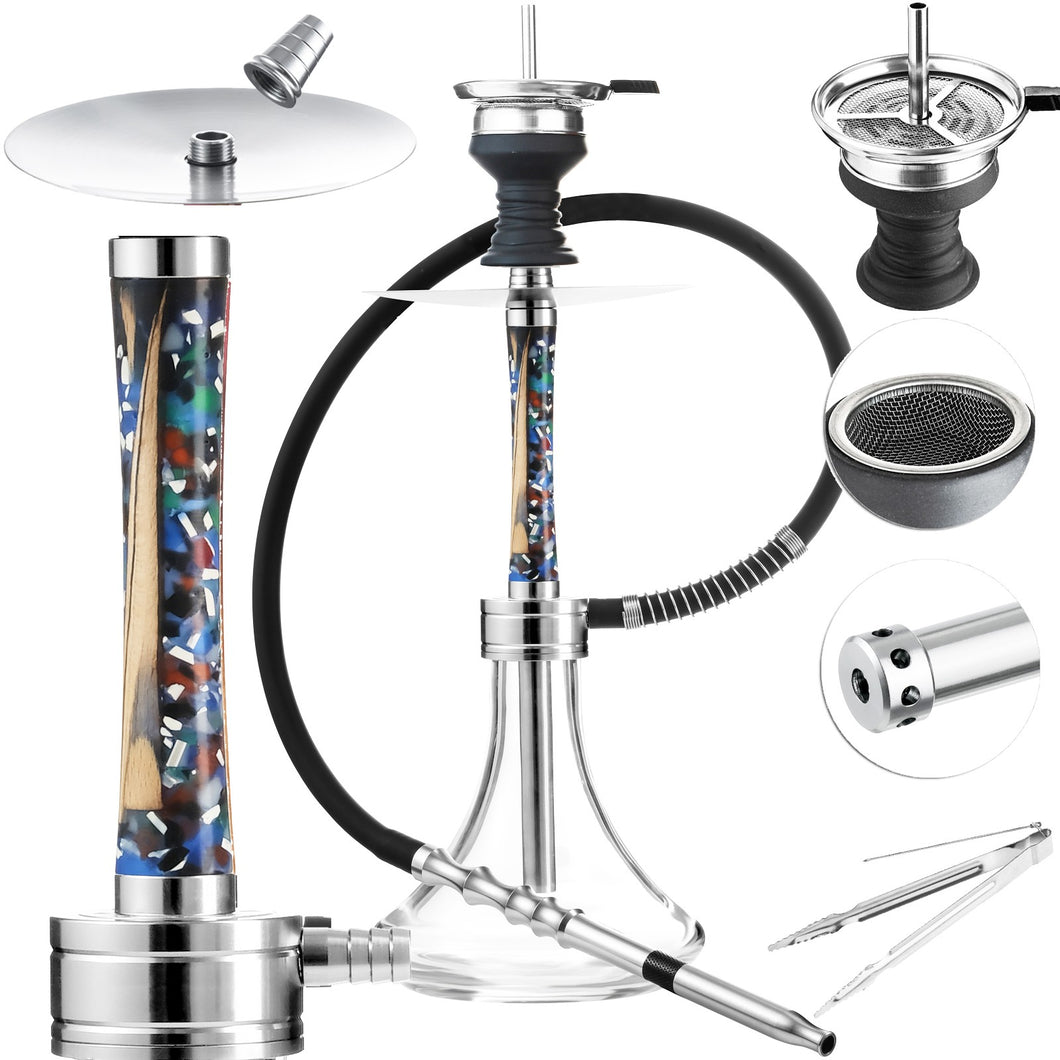 Wood Resin Hookah Set with Silicone Hose Bowl Tongs Mouth Tips Accessories, Small Shisha Complete Set Glass Aluminum Hooka